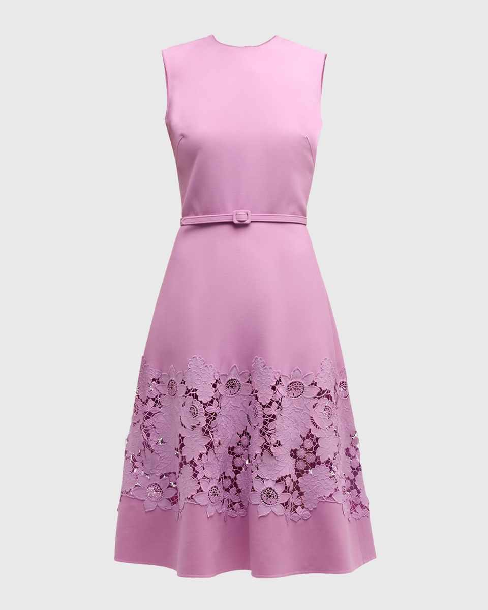 Mixed Botanical Guipure Inset Sleeveless Belted Dress